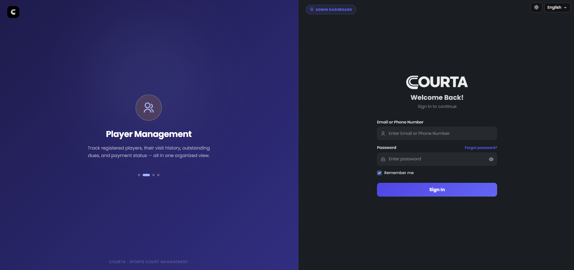 Courta admin dashboard sign-in screen